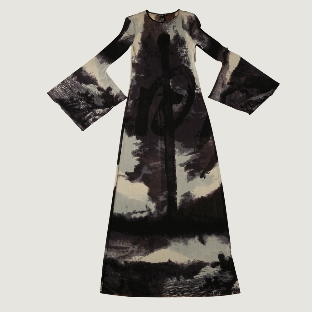 Vivienne Tam Maxi Dress Black Mesh Bell Sleeve Nylon Abstract Landscape 1 Vtg